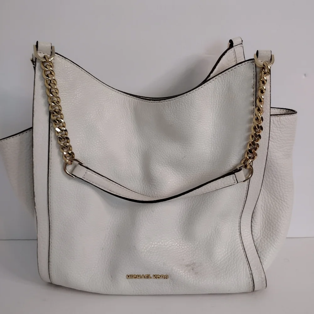 Michael Kors Newbury Leather Shoulder Bag Gold Chain Handles Off White - Picture 3 of 10